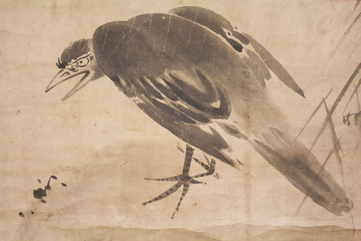 Crow on a Rock, After Sesson Shūkei (ca. 1504–ca. 1589), Hanging scroll; ink on paper, Japan