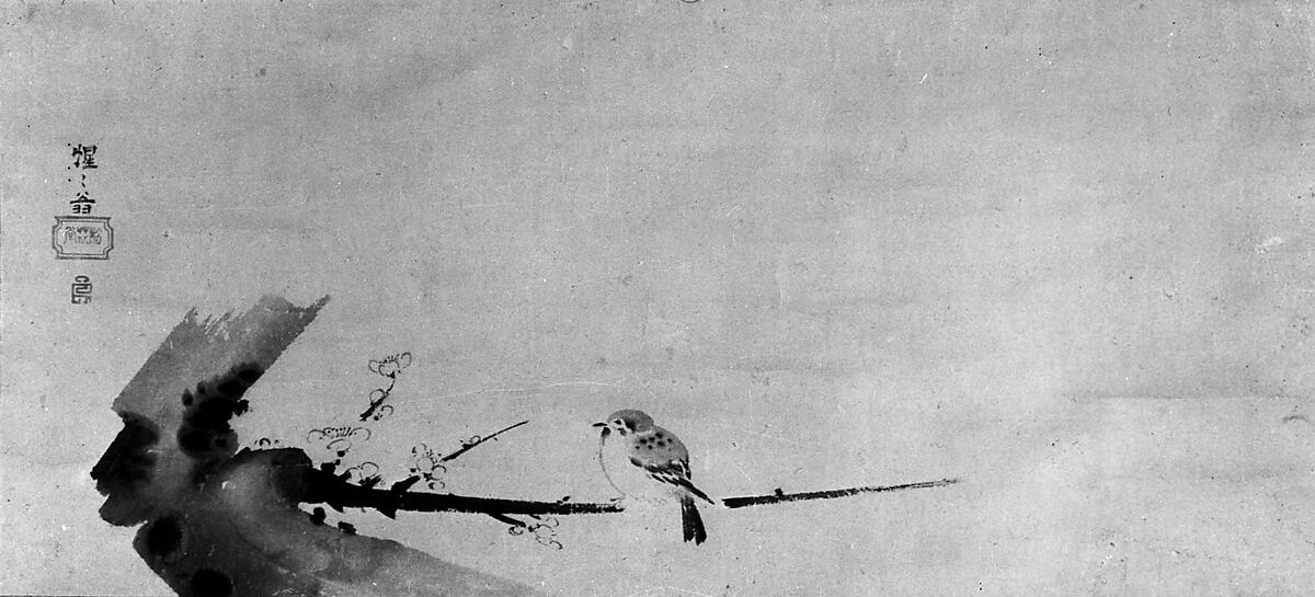 Sparrow on Plum Branch (Ume ni Suzume), Attributed to Shōkadō Shōjō (Japanese, 1584?–1639), Hanging scroll; ink on paper, Japan 