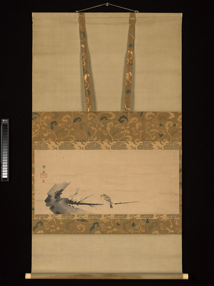 Sparrow on Plum Branch (Ume ni Suzume), Attributed to Shōkadō Shōjō (Japanese, 1584?–1639), Hanging scroll; ink on paper, Japan