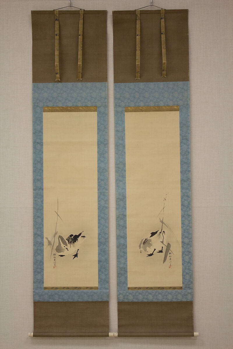 Geese and Reeds, Kano Sosen Narinobu (Japanese, 1813–1897), Diptych of hanging scrolls; ink on silk, Japan 