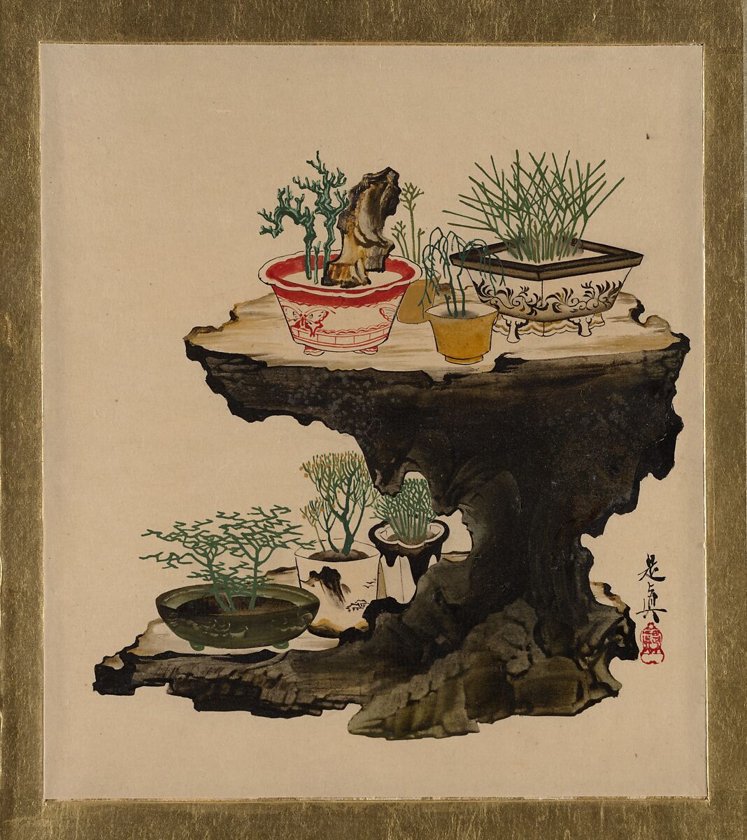 Lacquer Paintings of Various Subjects: Bonsai, Shibata Zeshin (Japanese, 1807–1891), Lacquer on paper, Japan 