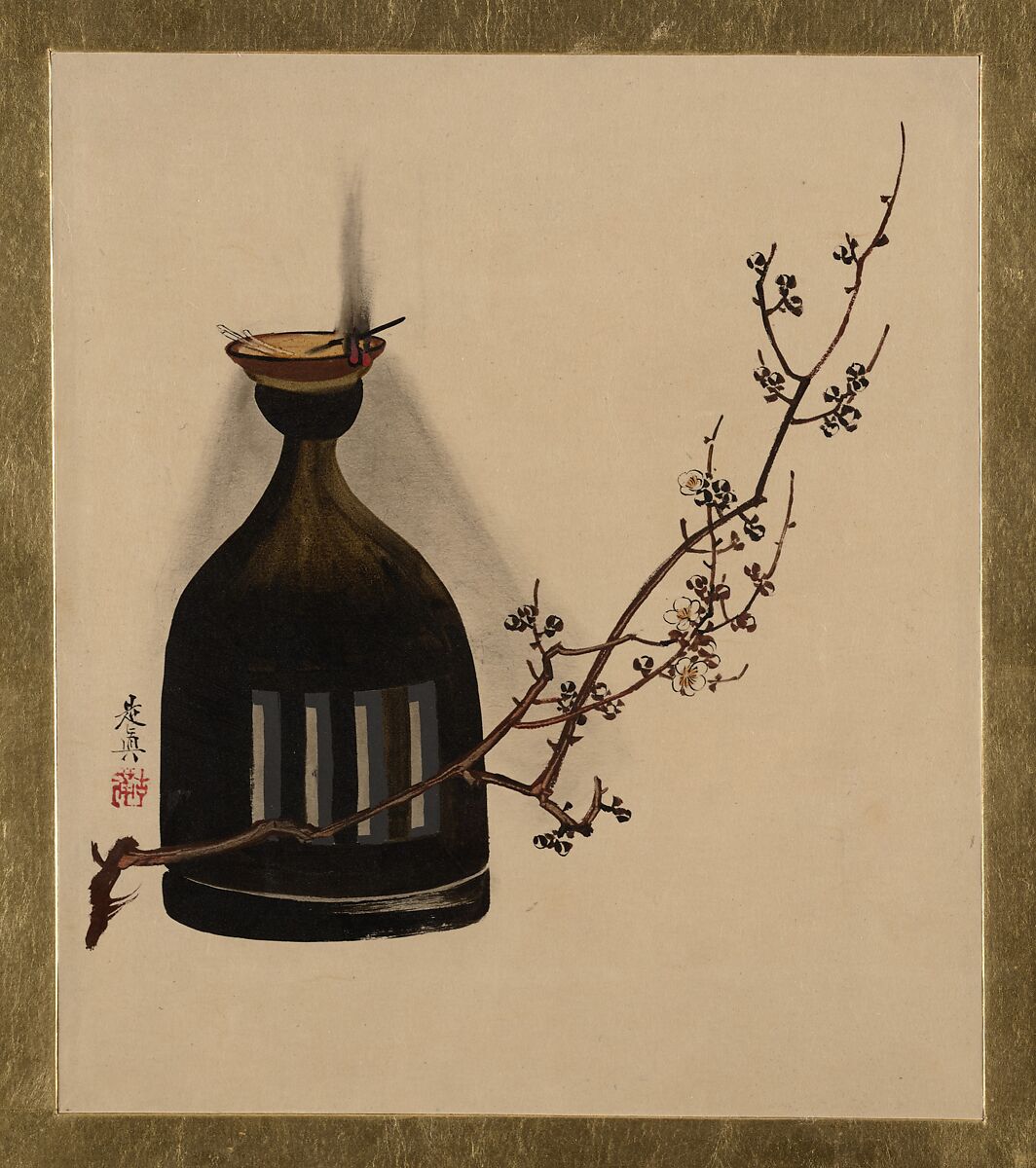 Lacquer Paintings of Various Subjects: Plum Branch with Oil Lamp, Shibata Zeshin (Japanese, 1807–1891), Lacquer on paper, Japan 