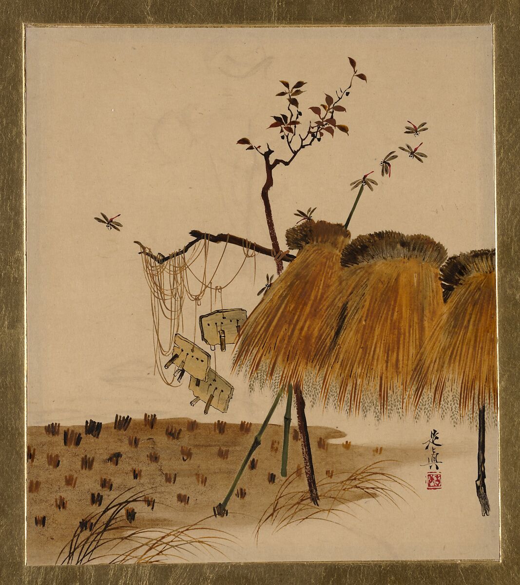 Lacquer Paintings of Various Subjects: Stack of Rice and Dragonflies, Shibata Zeshin (Japanese, 1807–1891), Lacquer on paper, Japan 