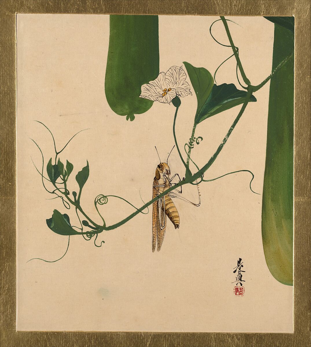 Lacquer Paintings of Various Subjects: Grasshopper on Gourd Vine, Shibata Zeshin (Japanese, 1807–1891), Lacquer on paper, Japan 