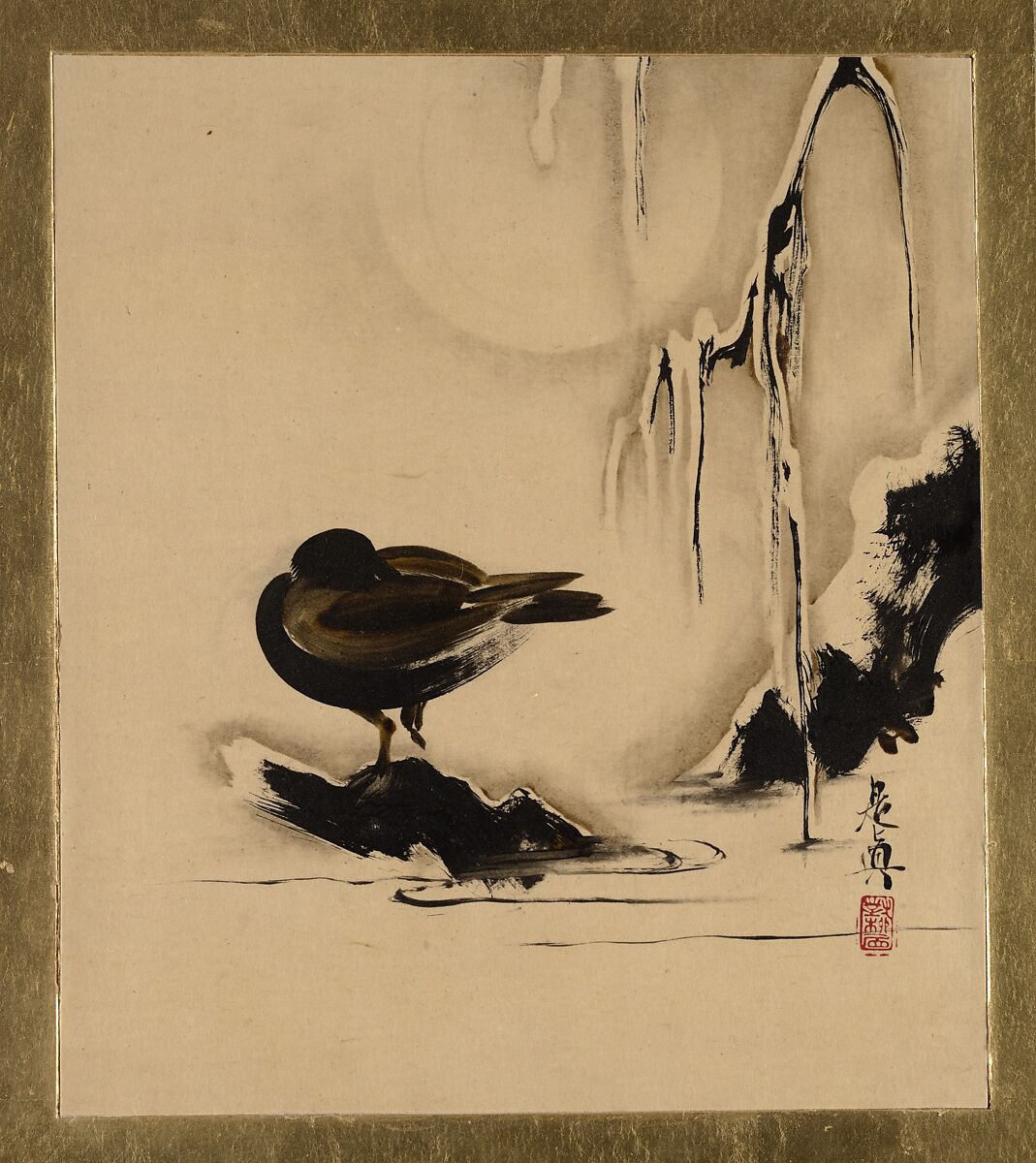 Lacquer Paintings of Various Subjects: Bird and Willow in Snow, Shibata Zeshin (Japanese, 1807–1891), Album leaf; ink, color, and lacquer on paper, Japan 