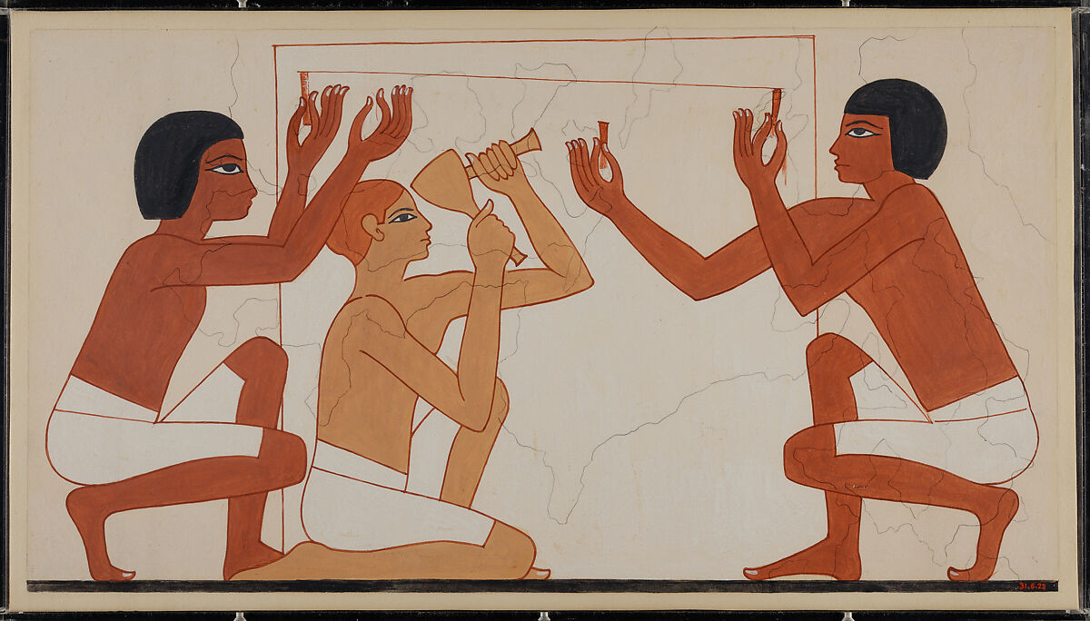 Masons Squaring a Block, Tomb of Rekhmire, Nina de Garis Davies (1881–1965), Tempera on Paper 