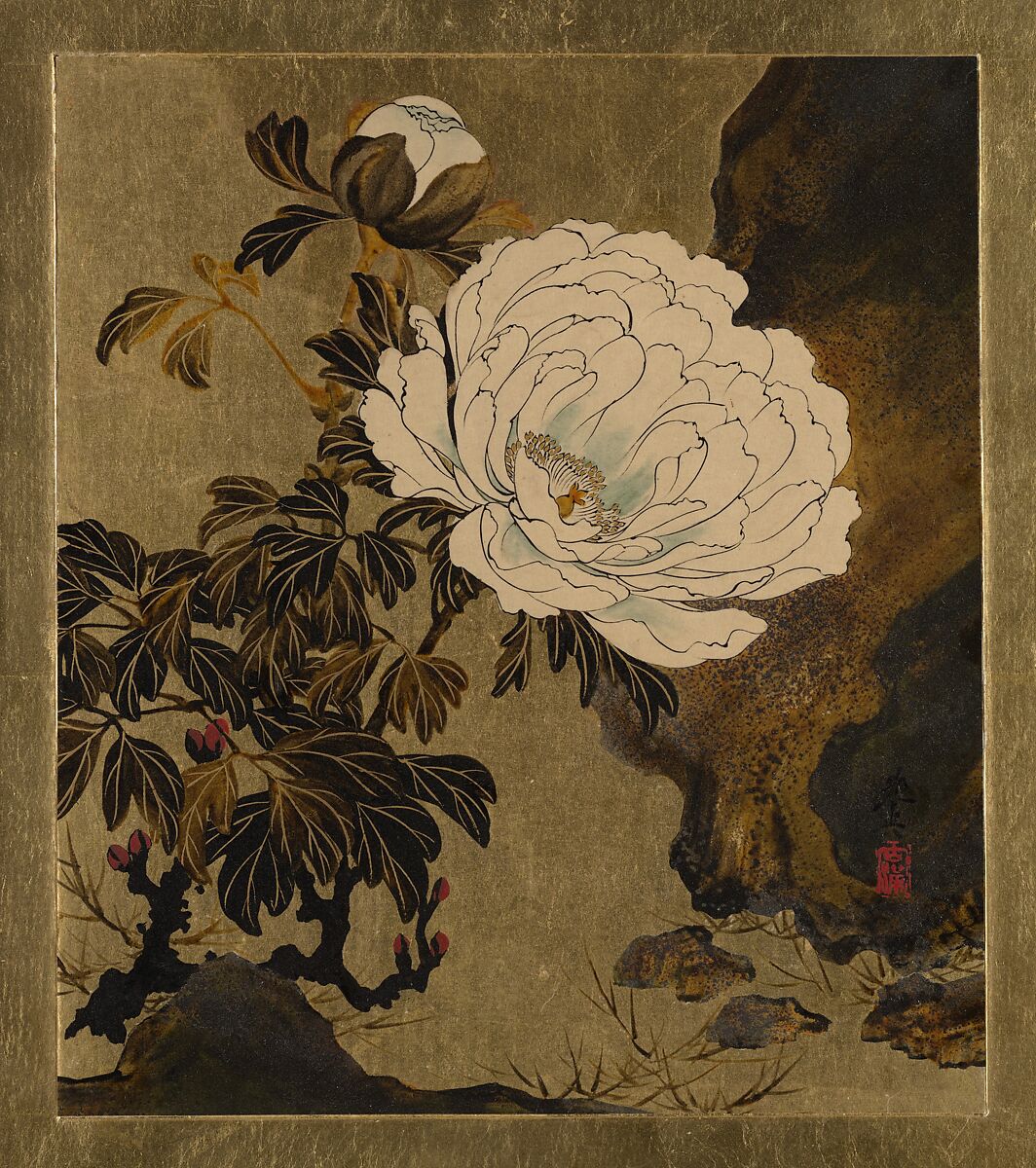 Lacquer Paintings of Various Subjects: Peonies, Shibata Zeshin (Japanese, 1807–1891), Lacquer and gold on paper, Japan 