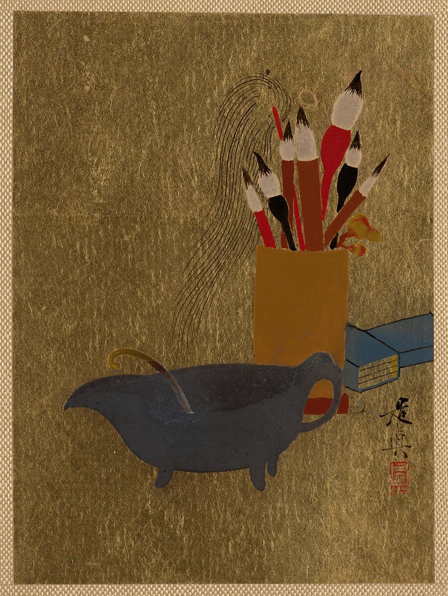 Kettle and Box with Paint Brushes, Shibata Zeshin (Japanese, 1807–1891), Album leaf; lacquer on gold paper, Japan 