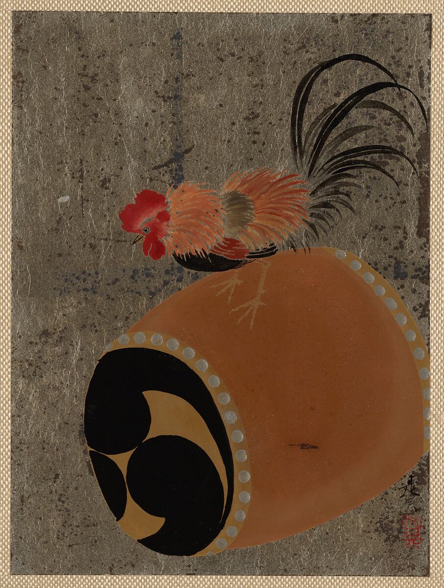 Cock on Drum, Shibata Zeshin (Japanese, 1807–1891), Album leaf; lacquer on silver paper, Japan 