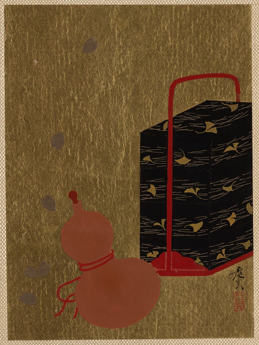 Lacquer Box and Gourd, Shibata Zeshin (Japanese, 1807–1891), Album leaf; lacquer on gold paper, Japan 