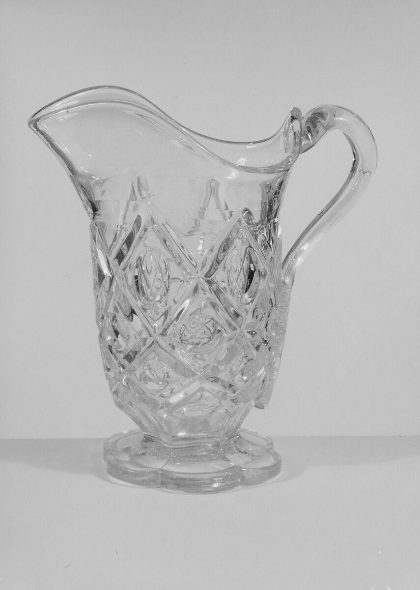 Pitcher, Pressed glass, diamond thumbprint, American 