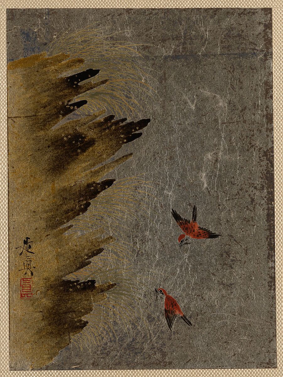 Birds and Jutting Rocks, Shibata Zeshin (Japanese, 1807–1891), Album leaf; brown and gold lacquer on silver paper, Japan 
