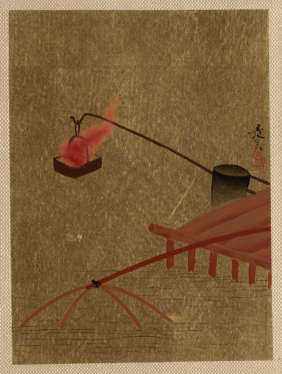 Fire Basket Suspended from Dock over a Fish Net in the Water, Shibata Zeshin (Japanese, 1807–1891), Album leaf; lacquer on gold paper, Japan 