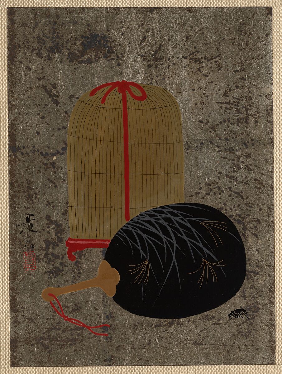 Fan and Insect Cage, Shibata Zeshin (Japanese, 1807–1891), Album leaf; lacquer on silver paper, Japan 