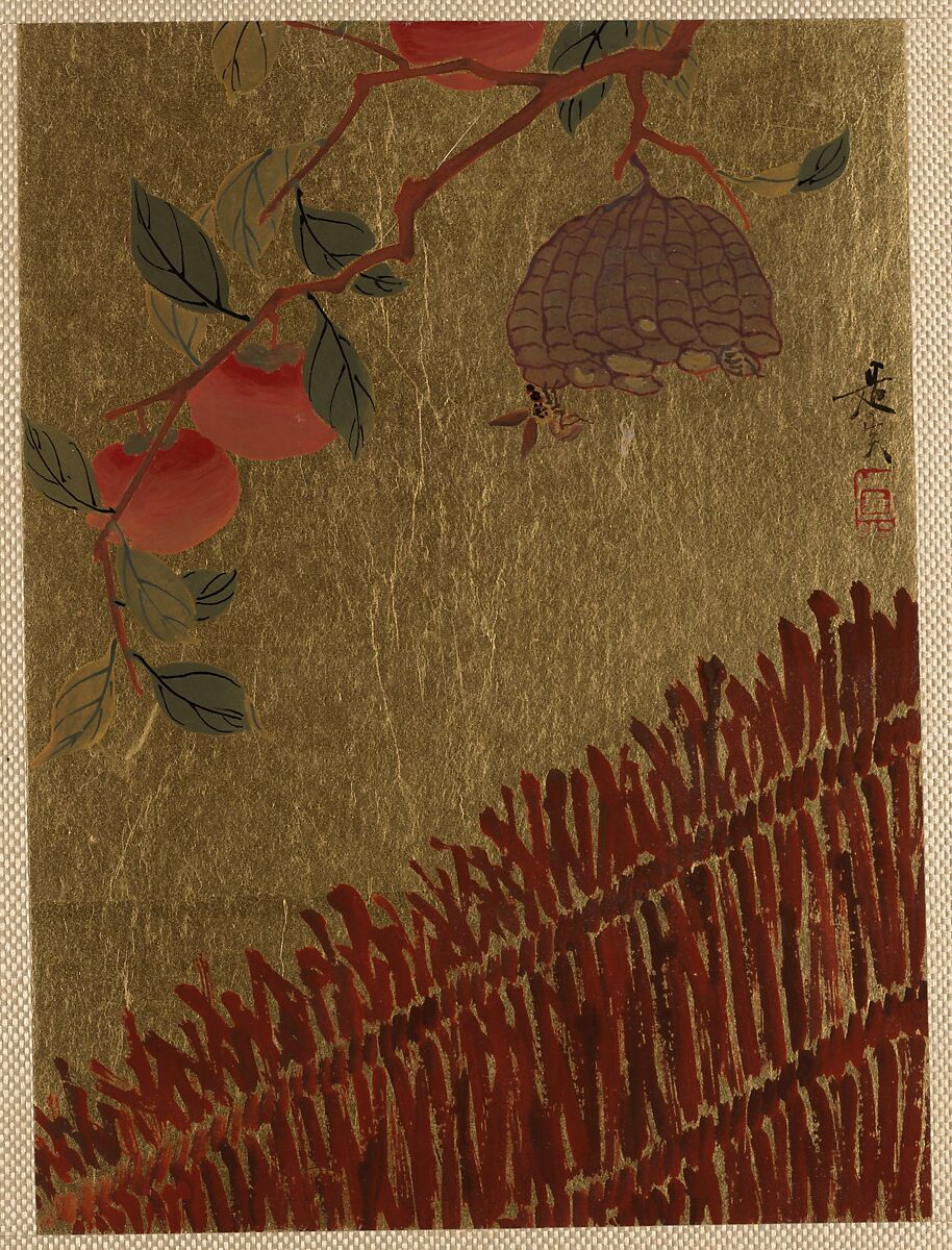 Persimmons Branch and Wasp Nest above a Hedge, Shibata Zeshin (Japanese, 1807–1891), Album leaf; lacquer on gold paper, Japan 