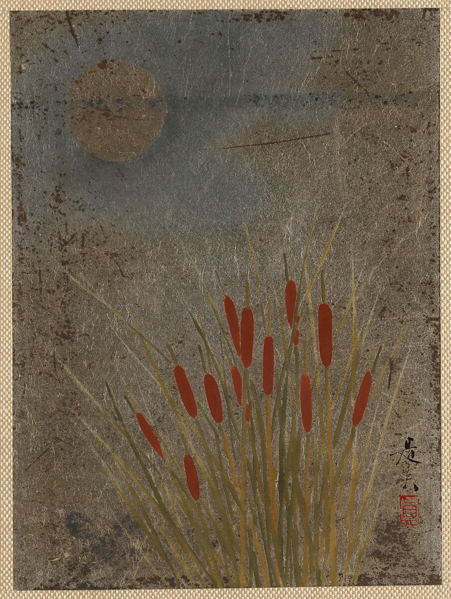 Cat Tails and Moon, Shibata Zeshin (Japanese, 1807–1891), Album leaf; lacquer on silver paper, Japan 