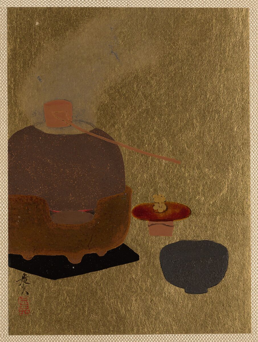 Tea Ceremony Apparatus, Shibata Zeshin (Japanese, 1807–1891), Album leaf; lacquer on gold paper, Japan 