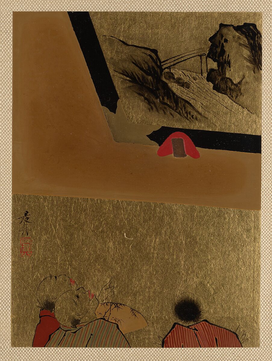 Three Men Looking at Framed Lacquer Drawing, Shibata Zeshin (Japanese, 1807–1891), Album leaf; lacquer on gold paper, Japan 