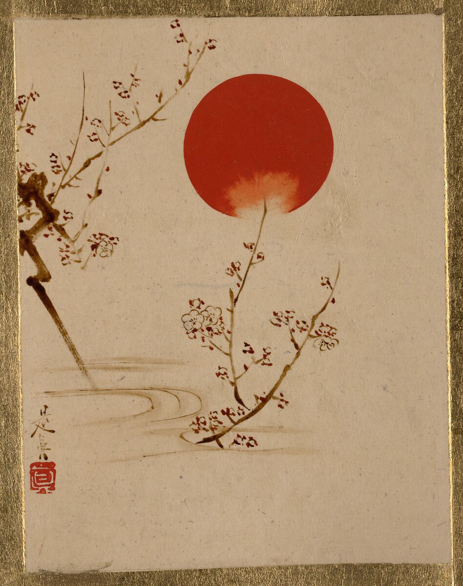 Sun and Plum Branches, Shibata Zeshin (Japanese, 1807–1891), Album leaf; lacquer on paper, Japan 