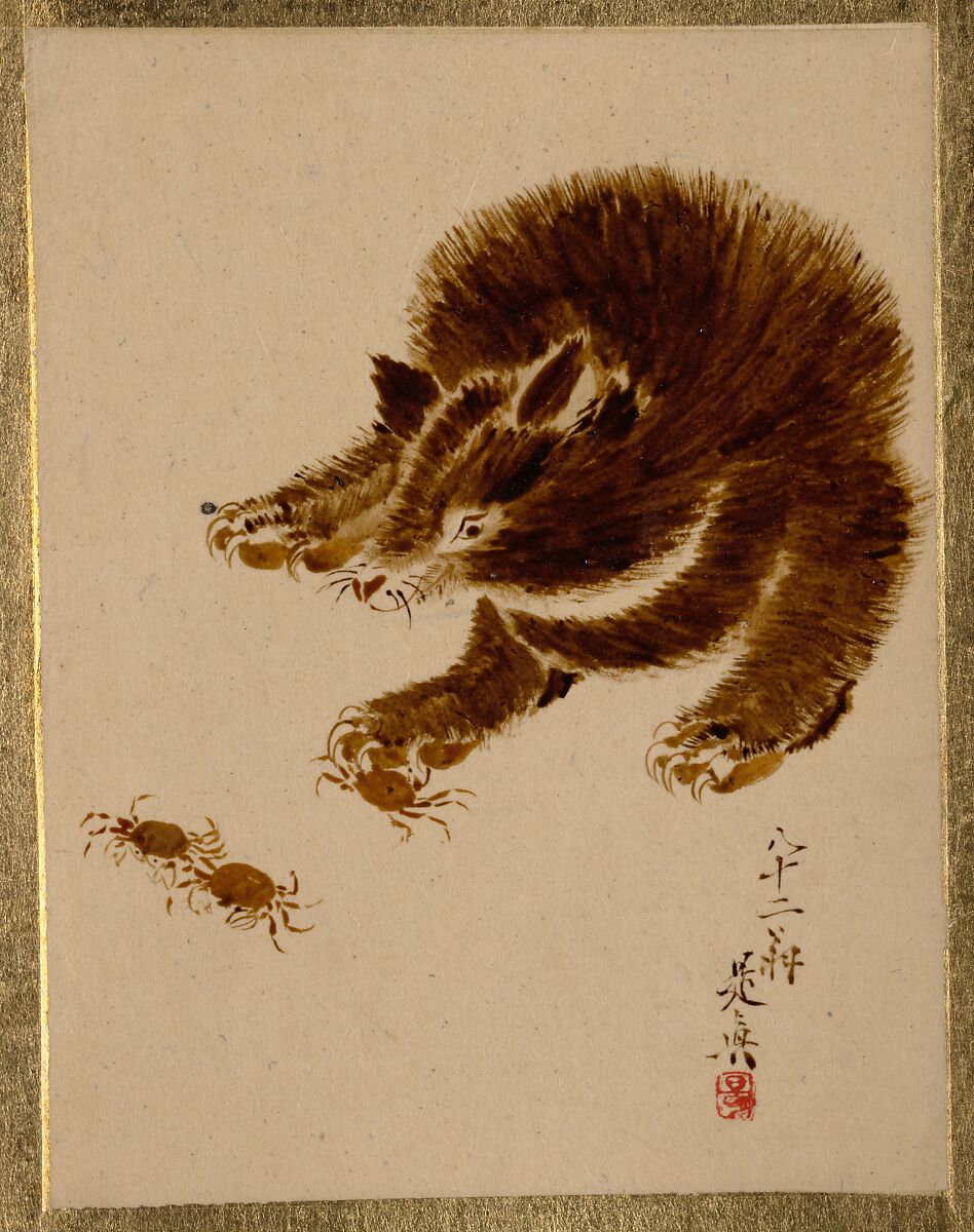 Bear and Crabs, Shibata Zeshin (Japanese, 1807–1891), Album leaf; lacquer on paper, Japan 