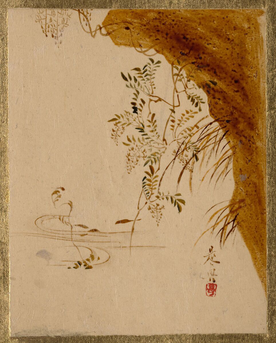 Overhanging Cliff, Shibata Zeshin (Japanese, 1807–1891), Album leaf; lacquer on paper, Japan 