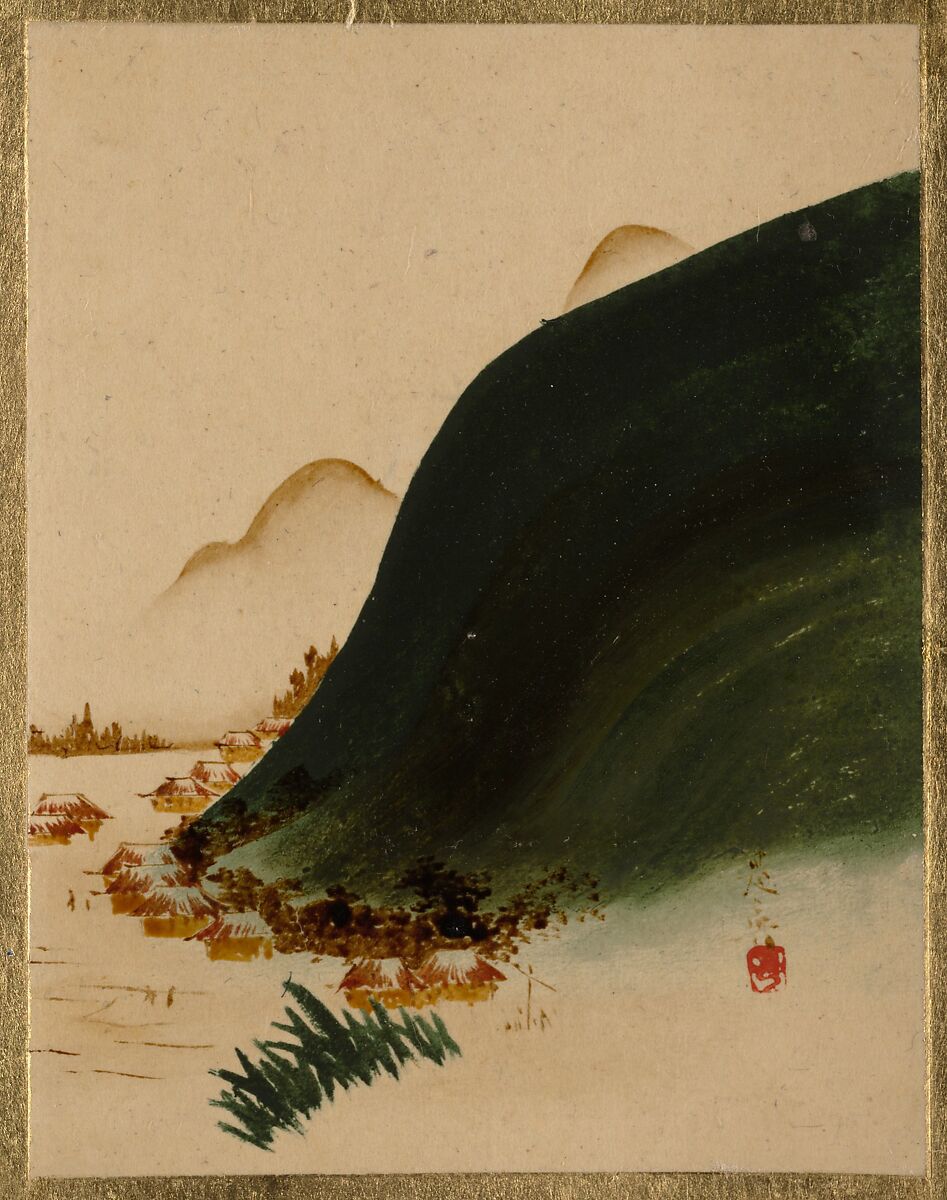 Mountains and Houses, Shibata Zeshin (Japanese, 1807–1891), Album leaf; lacquer on paper, Japan 