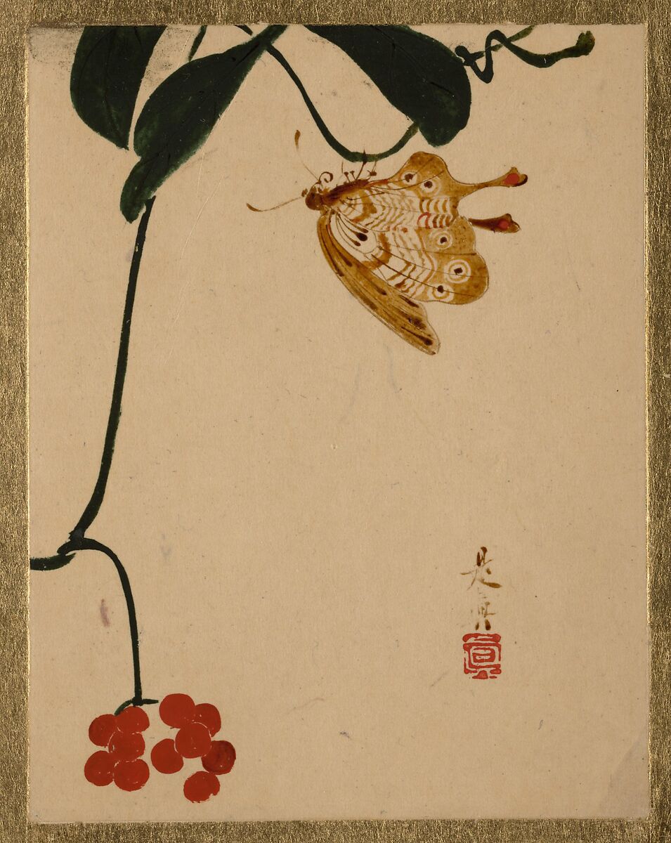 Red Berry Plant and Butterfly, Shibata Zeshin (Japanese, 1807–1891), Album leaf; lacquer on paper, Japan 