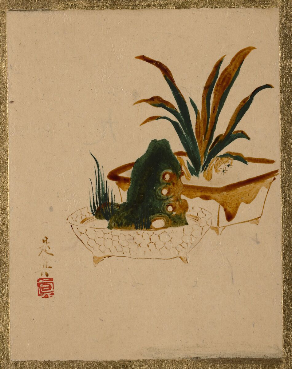 Flowers in Jardenierres, Shibata Zeshin (Japanese, 1807–1891), Album leaf; lacquer on paper, Japan 