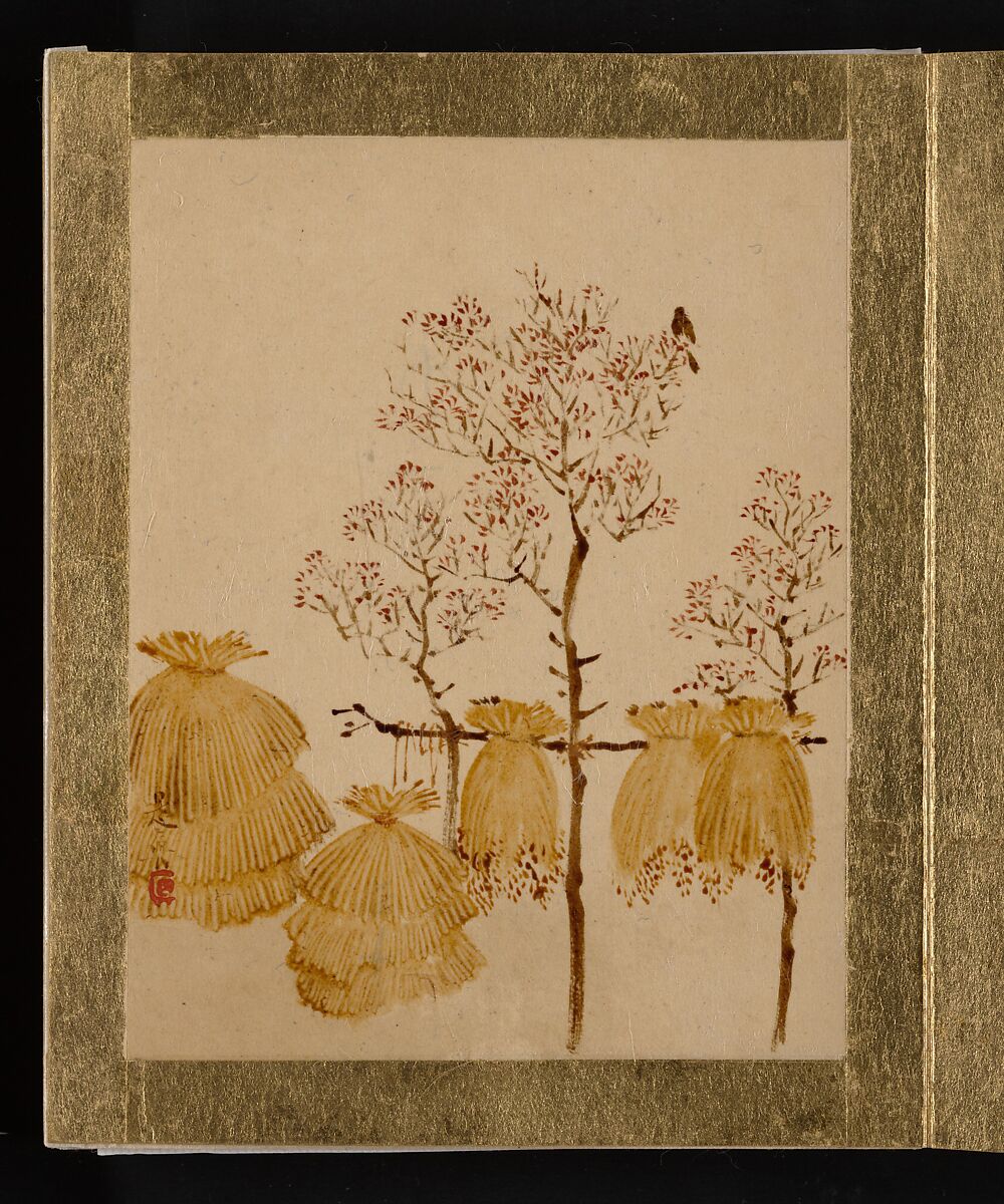 Rice Stacks and Trees, Shibata Zeshin (Japanese, 1807–1891), Album leaf; lacquer on paper, Japan 