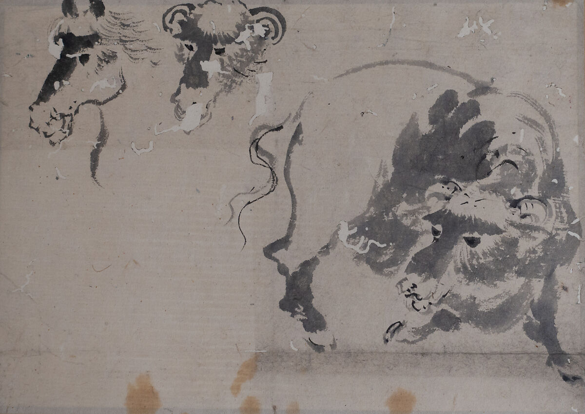 Drawing of a Bison, and Heads of a Bison and Horse, Unidentified artist, Matted drawing; ink on paper, Japan 
