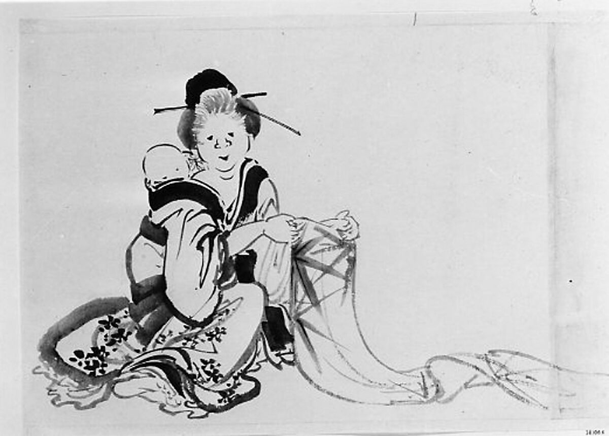 Woman with Baby on Her Back, Hokusai School, Unmounted painting; ink on paper, Japan 