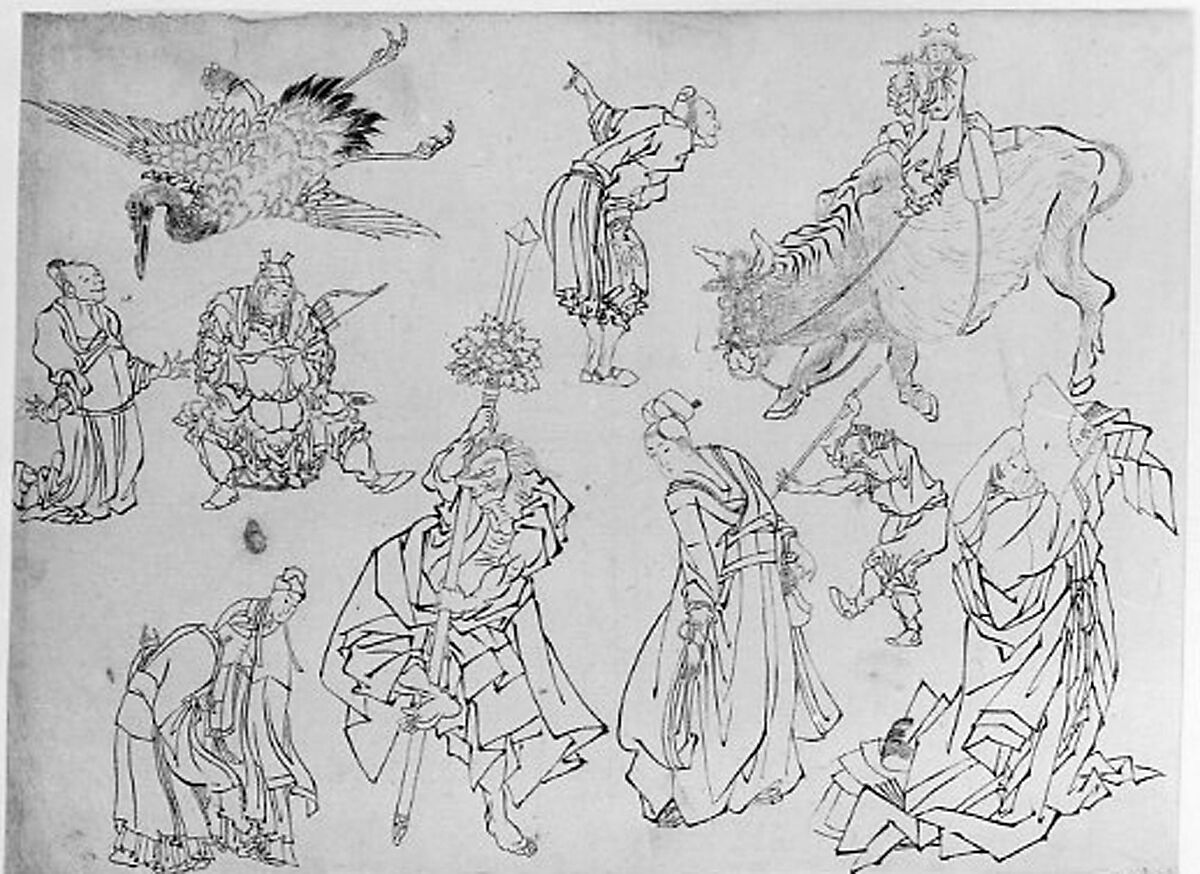 Studies of Figures, Hokusai School, Unmounted painting; ink on paper, Japan 