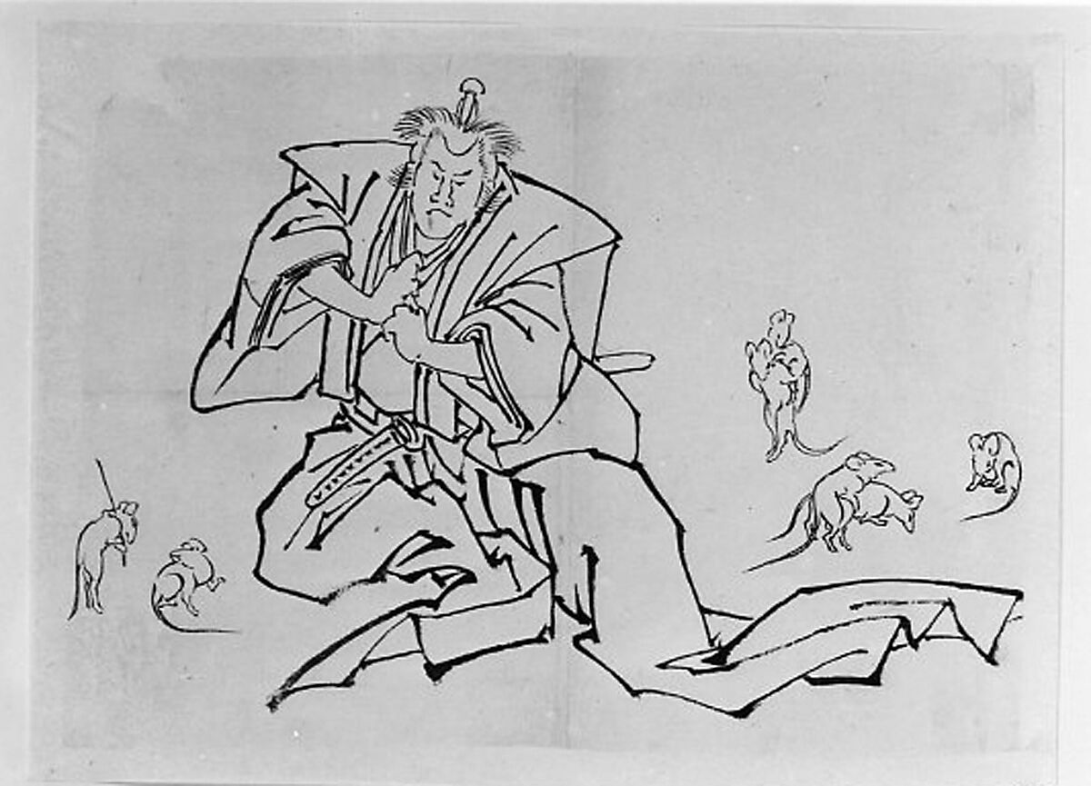 Rats and a Kabuki Actor in the Role of Nikki Danjō, Hokusai School, Unmounted drawing; ink on paper, Japan 