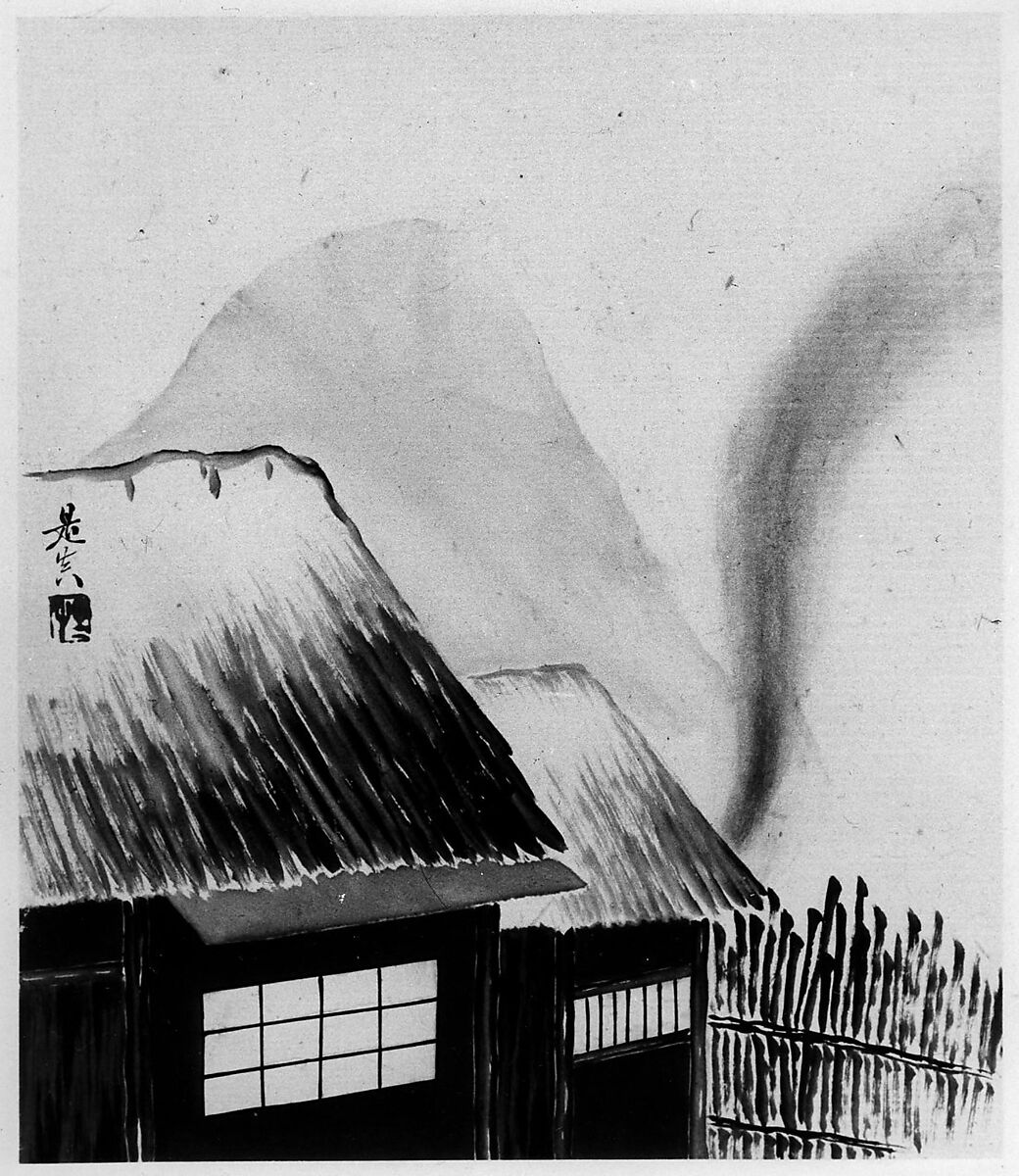 Cottage and Mountains, Shibata Zeshin (Japanese, 1807–1891), Painting; colored lacquers on paper, Japan 