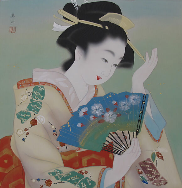 Woman with Fan, Miki Suizan (Japanese, 1887–1957), Ink and color on silk, Japan 