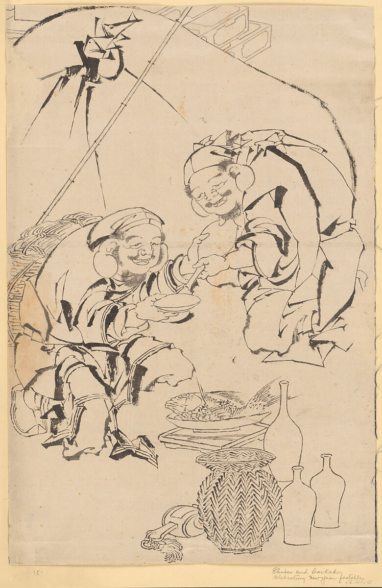 Ebisu and Daikoku Celebrating the New Year Festival, Attributed to Katsushika Hokusai (Japanese, Tokyo (Edo) 1760–1849 Tokyo (Edo)), Ink on paper, Japan 