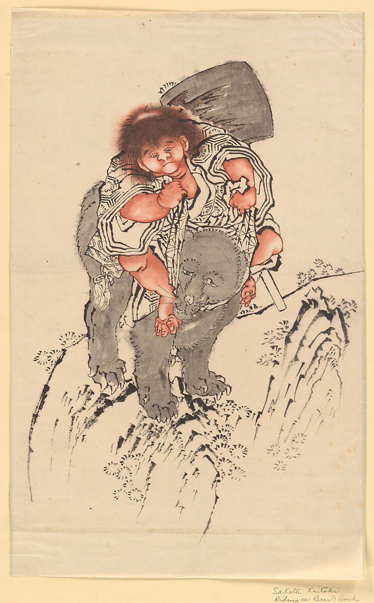 Sakata Kintoki Riding on Bear's Back, School of Katsushika Hokusai (Japanese, Tokyo (Edo) 1760–1849 Tokyo (Edo)), Ink and red color on paper, Japan 