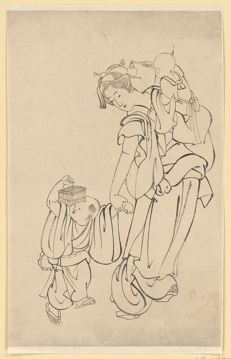 Mother and Children in Summer Night, School of Katsushika Hokusai (Japanese, Tokyo (Edo) 1760–1849 Tokyo (Edo)), Ink on paper, Japan 