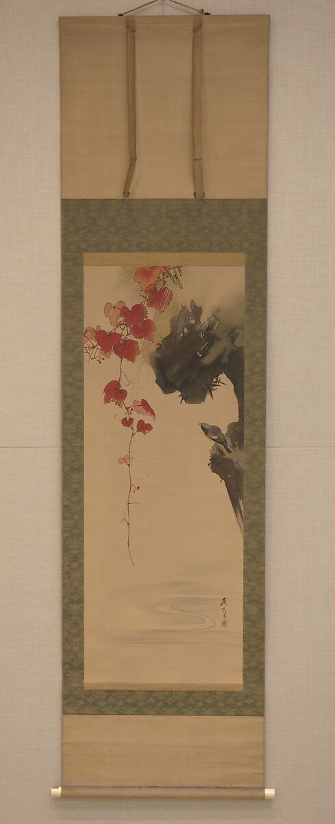 Leaves and Bird, Shibata Zeshin (Japanese, 1807–1891), Hanging scroll; ink on silk, Japan
