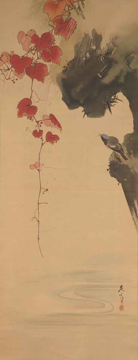 Leaves and Bird, Shibata Zeshin (Japanese, 1807–1891), Hanging scroll; ink on silk, Japan 