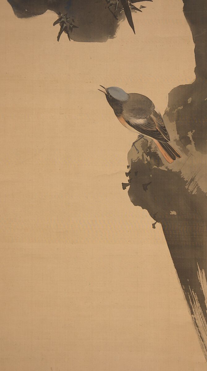 Leaves and Bird, Shibata Zeshin (Japanese, 1807–1891), Hanging scroll; ink on silk, Japan