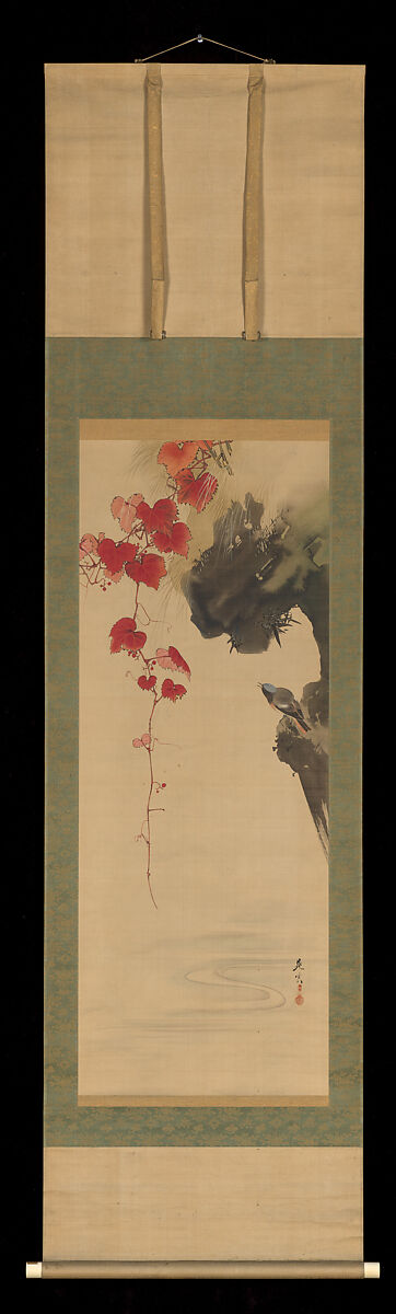Leaves and Bird, Shibata Zeshin (Japanese, 1807–1891), Hanging scroll; ink on silk, Japan