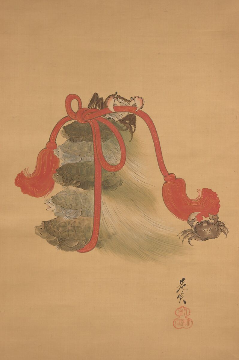 Tortoises and Crabs, Shibata Zeshin (Japanese, 1807–1891), Hanging scroll; ink on silk, Japan 