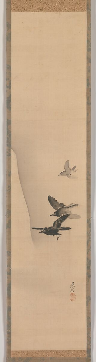 Three Crows in Flight, Shibata Zeshin (Japanese, 1807–1891), Hanging scroll; ink on silk, Japan 