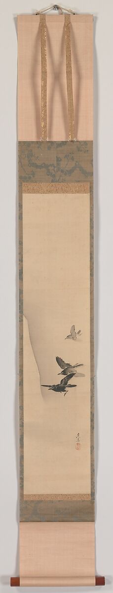 Three Crows in Flight, Shibata Zeshin (Japanese, 1807–1891), Hanging scroll; ink on silk, Japan