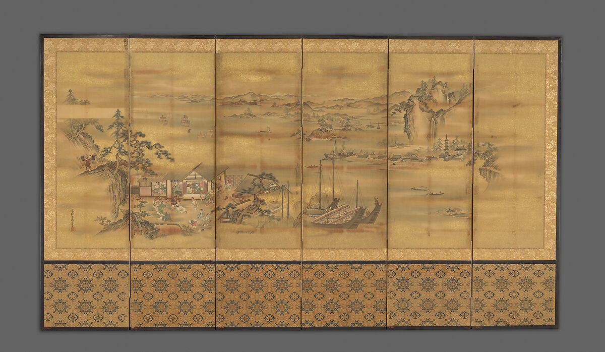 Fishing Village, Andō Baiho (Japanese, 1777–1825), Six-panel folding screen; color on silk, Japan 