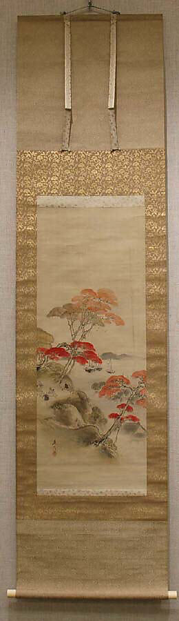 Maple Viewing at Kai'anji Temple, Shibata Zeshin (Japanese, 1807–1891), Hanging scroll; ink and color on silk , Japan