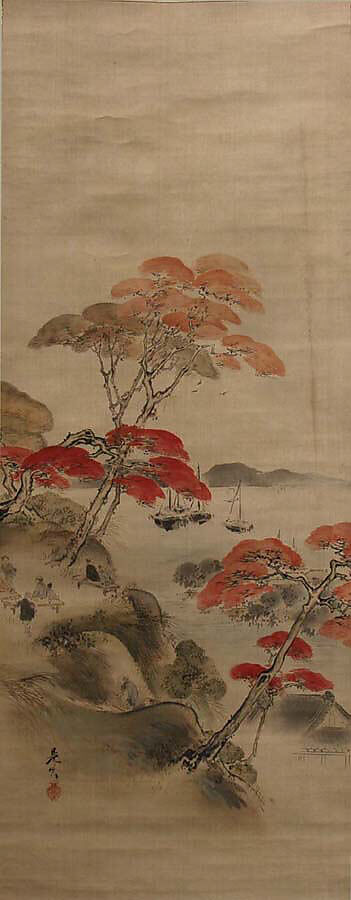 Maple Viewing at Kai'anji Temple, Shibata Zeshin (Japanese, 1807–1891), Hanging scroll; ink and color on silk , Japan 