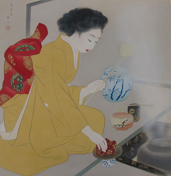 Young Woman Preparing Tea, Miki Suizan (Japanese, 1887–1957), Matted painting; watercolor on silk mounted on mat board, Japan 