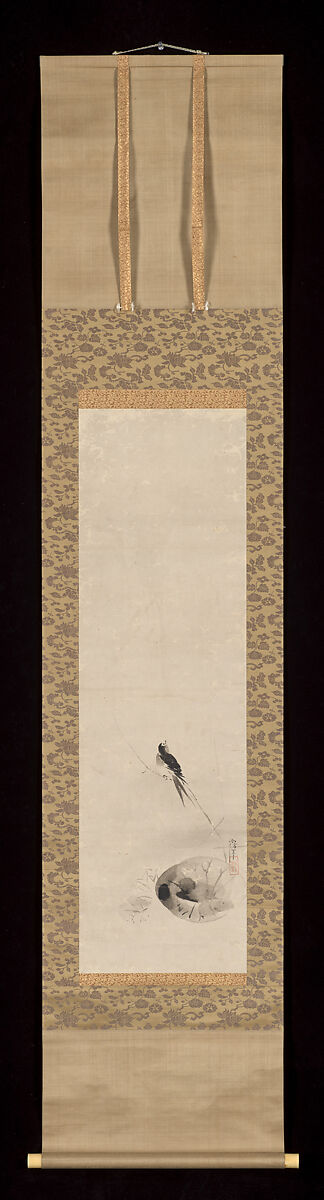 Small Bird on Reed, Attributed to Kano Naonobu (Japanese, 1607–1650), Hanging scroll; ink on paper, Japan